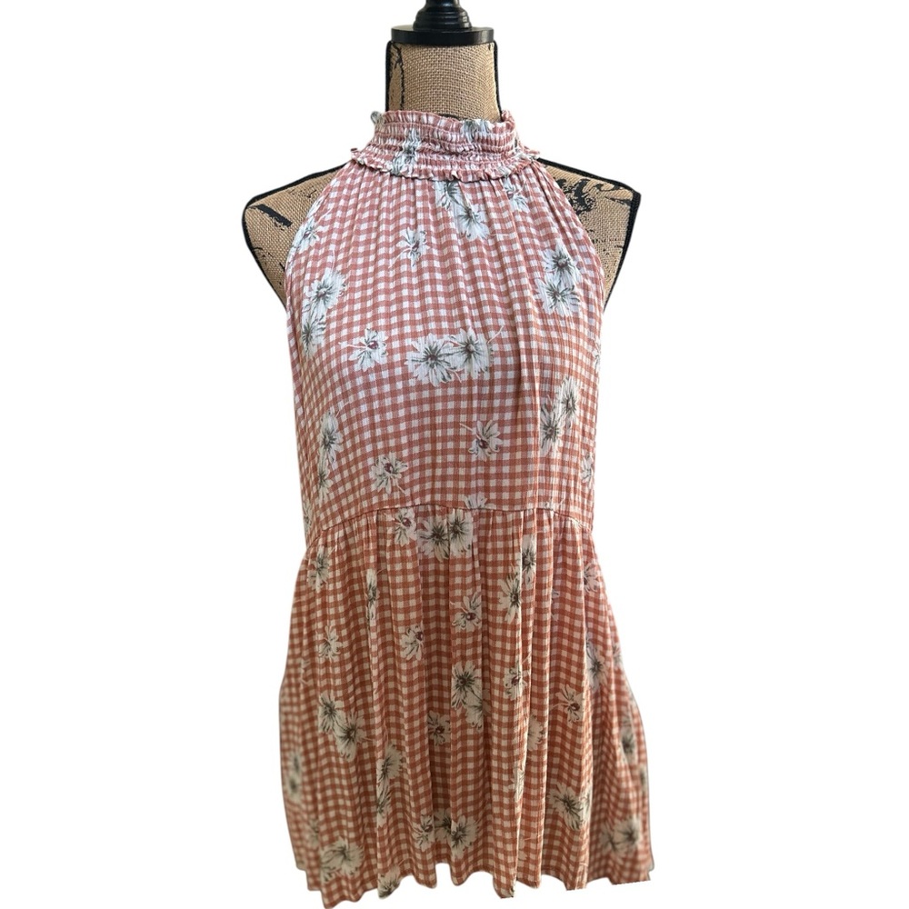 White Birch Gingham Halter Dress with Floral Print XL
